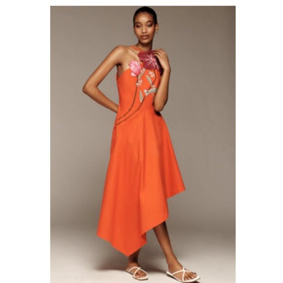 Yukiko Noritake x Anthropologie Asymmetric Floral Midi Dress Orange Floral 24W - Picture 5 of 5